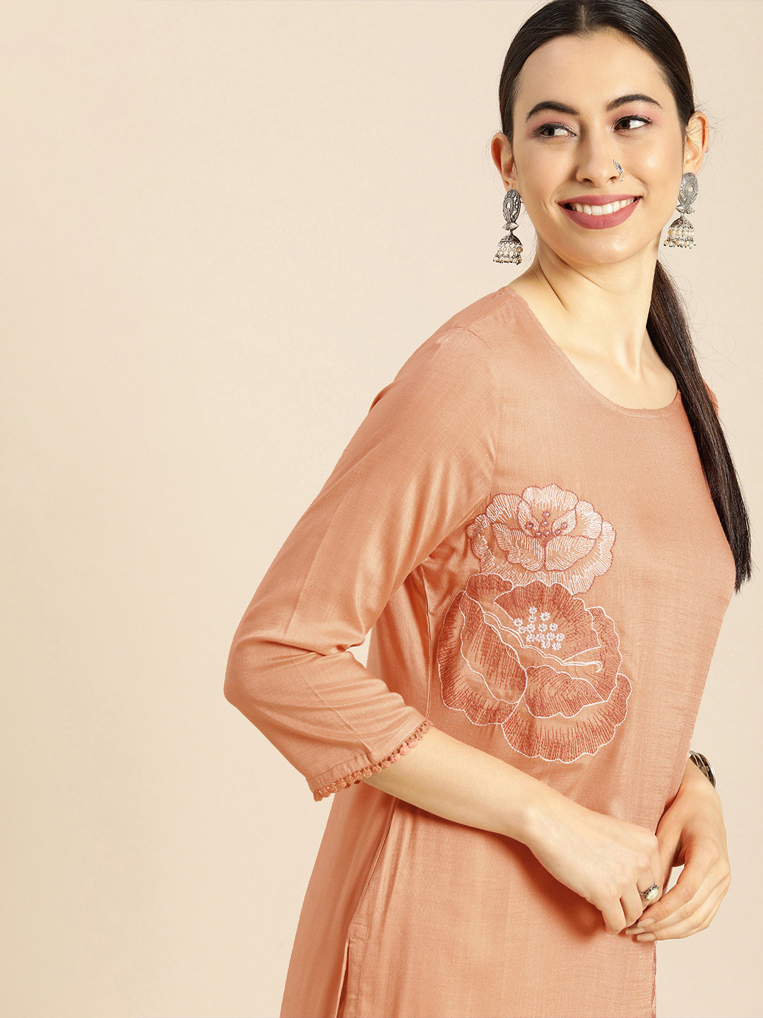

Anouk Women Coral Orange Floral Embroidered Kurta