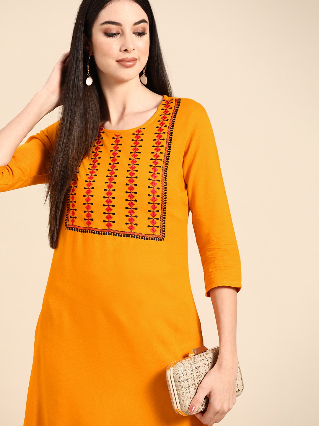 

Anouk Women Mustard Yellow & Red Geometric Embroidered Kurta