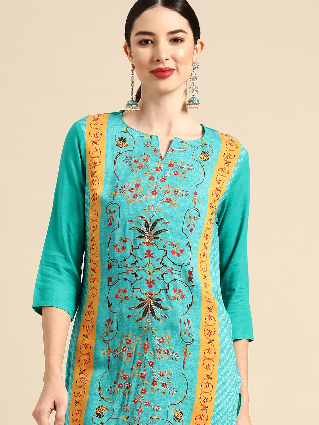 

Anouk Women Turquoise Blue & Mustard Yellow Ethnic Motifs Printed Thread Work Kurta