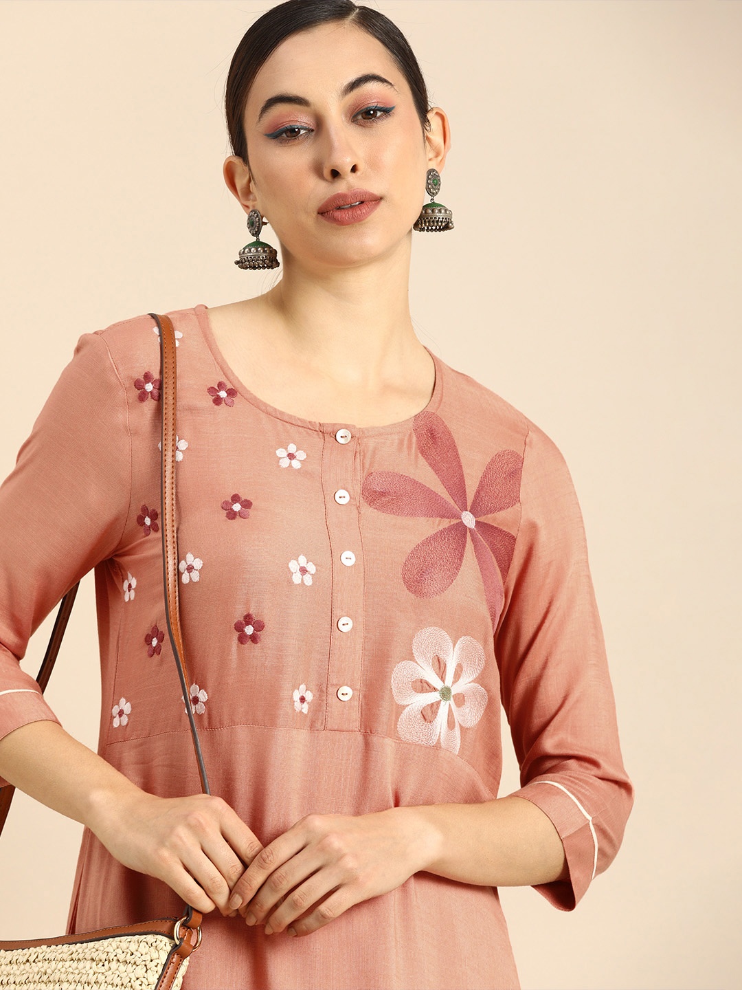 

Anouk Women Peach-Coloured Floral Embroidered Kurta