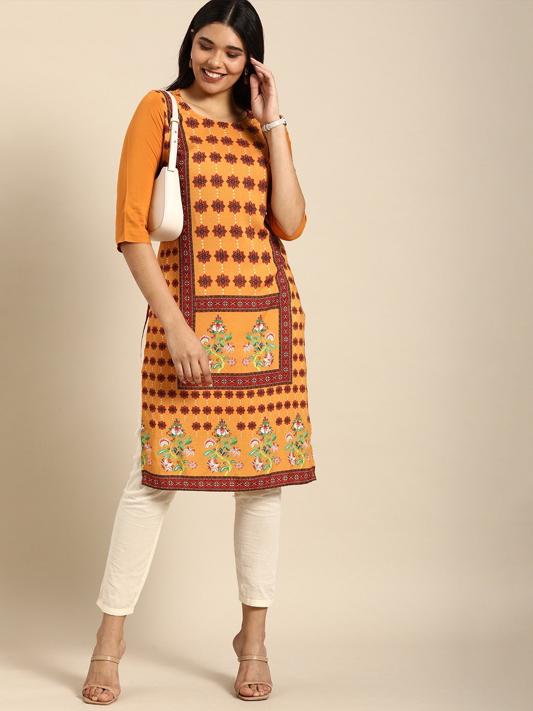

Anouk Women Mustard Yellow & Maroon Ethnic Motifs Printed Straight Kurta