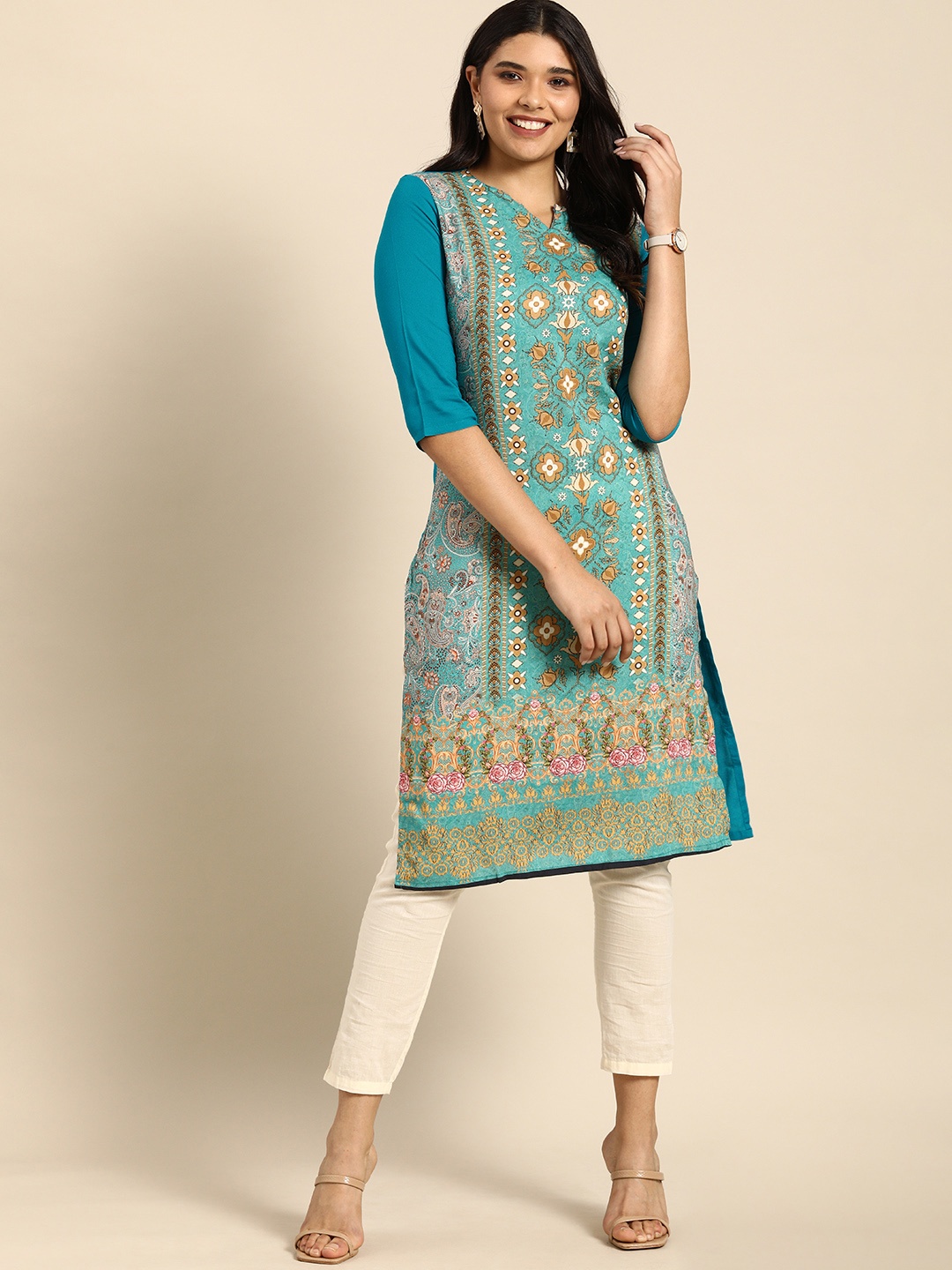 

Anouk Women Turquoise Blue & Brown Ethnic Motifs Printed Straight Kurta