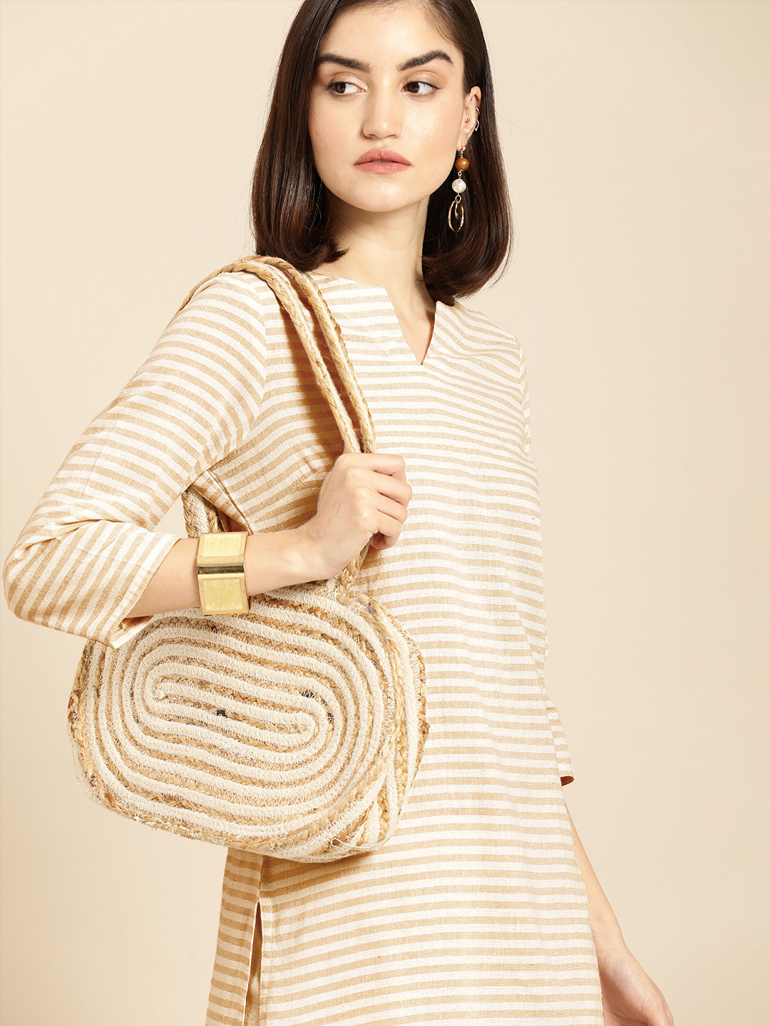 

Anouk Women Beige & White Striped V-Neck Straight Kurta