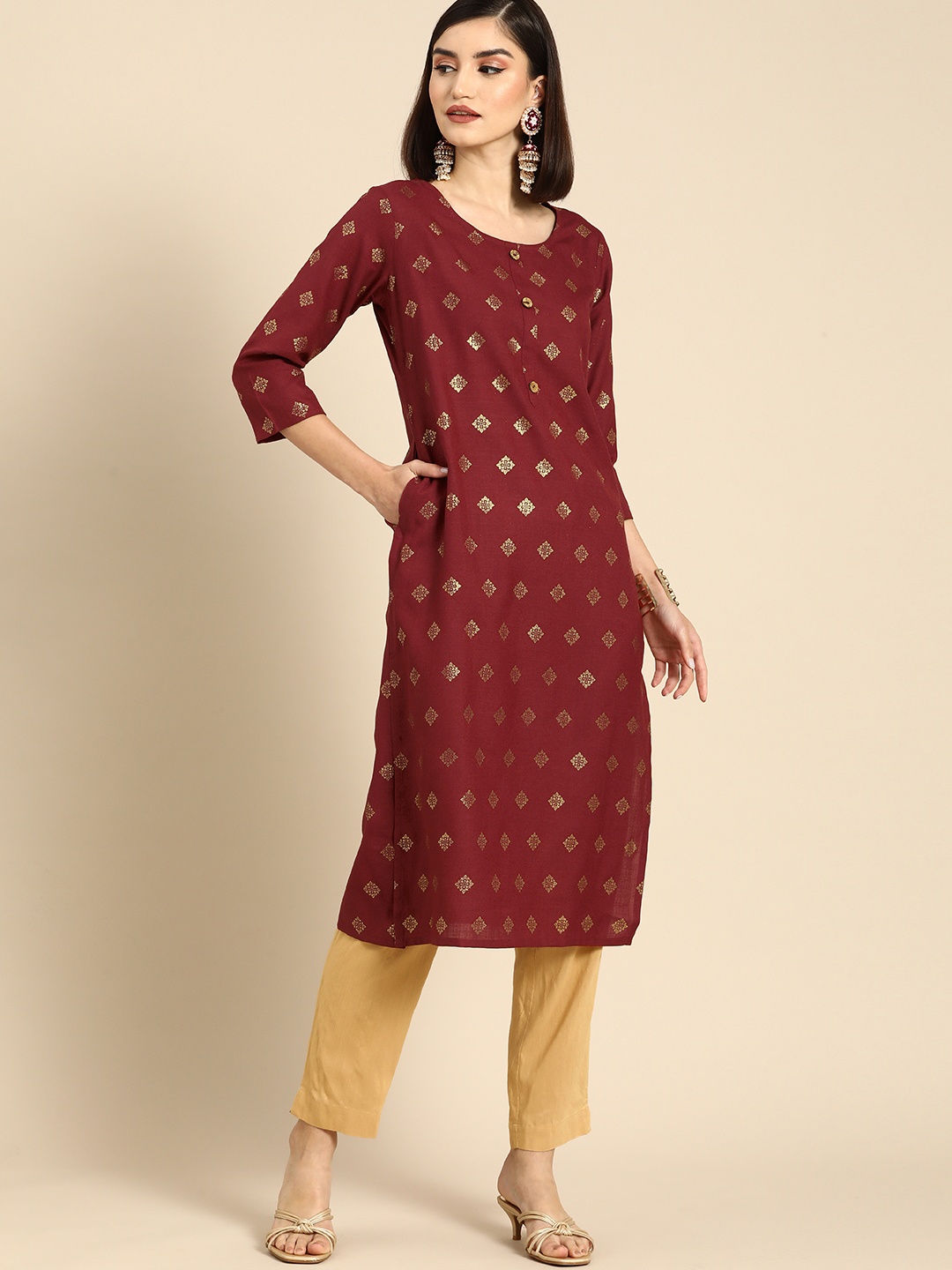 

Anouk Women Maroon & Yellow Ethnic Motifs Printed Kurta