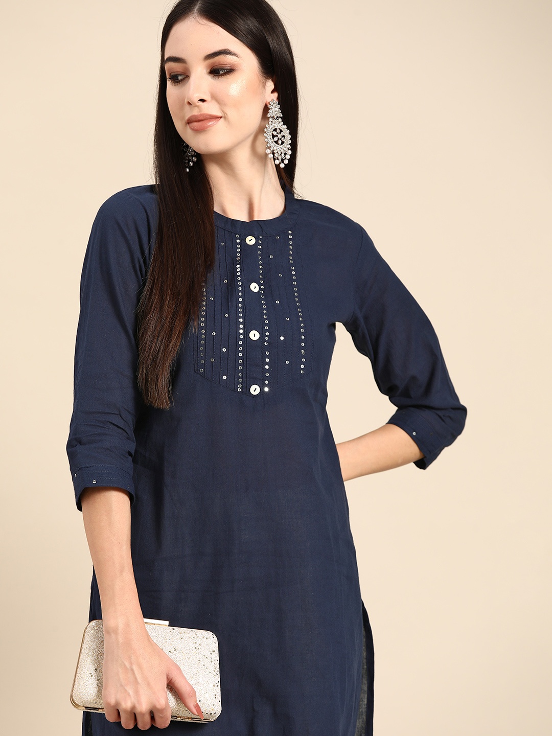 

Anouk Women Navy Blue Yoke Design Indigo Kurta