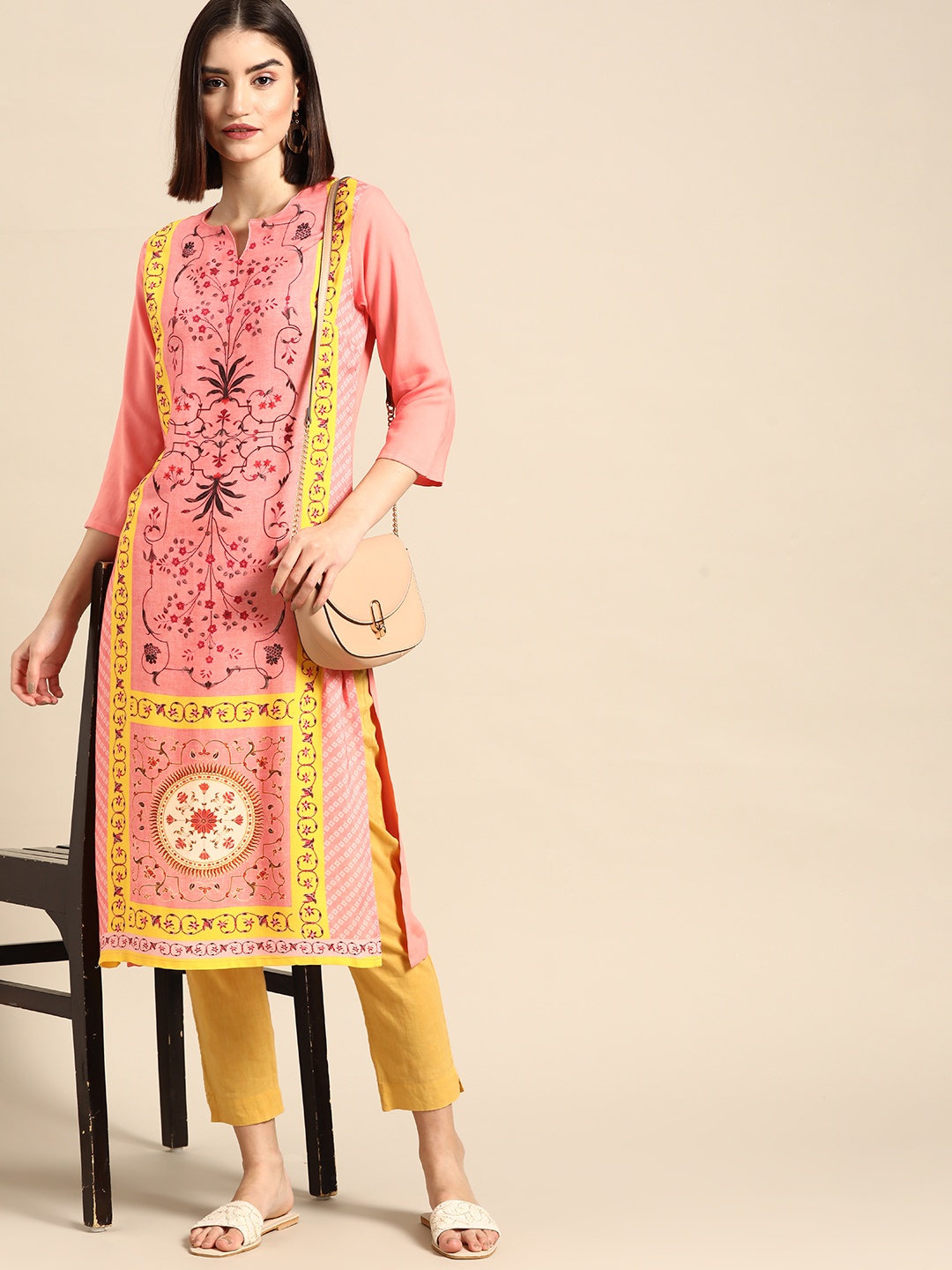 

Anouk Women Peach-Coloured & Yellow Ethnic Printed Kurta