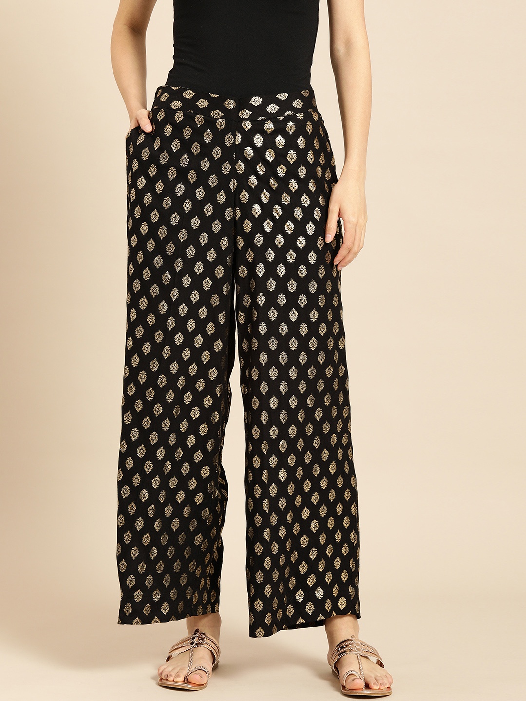 

Anouk Women Black & Gold-Toned Printed Ethnic Palazzos
