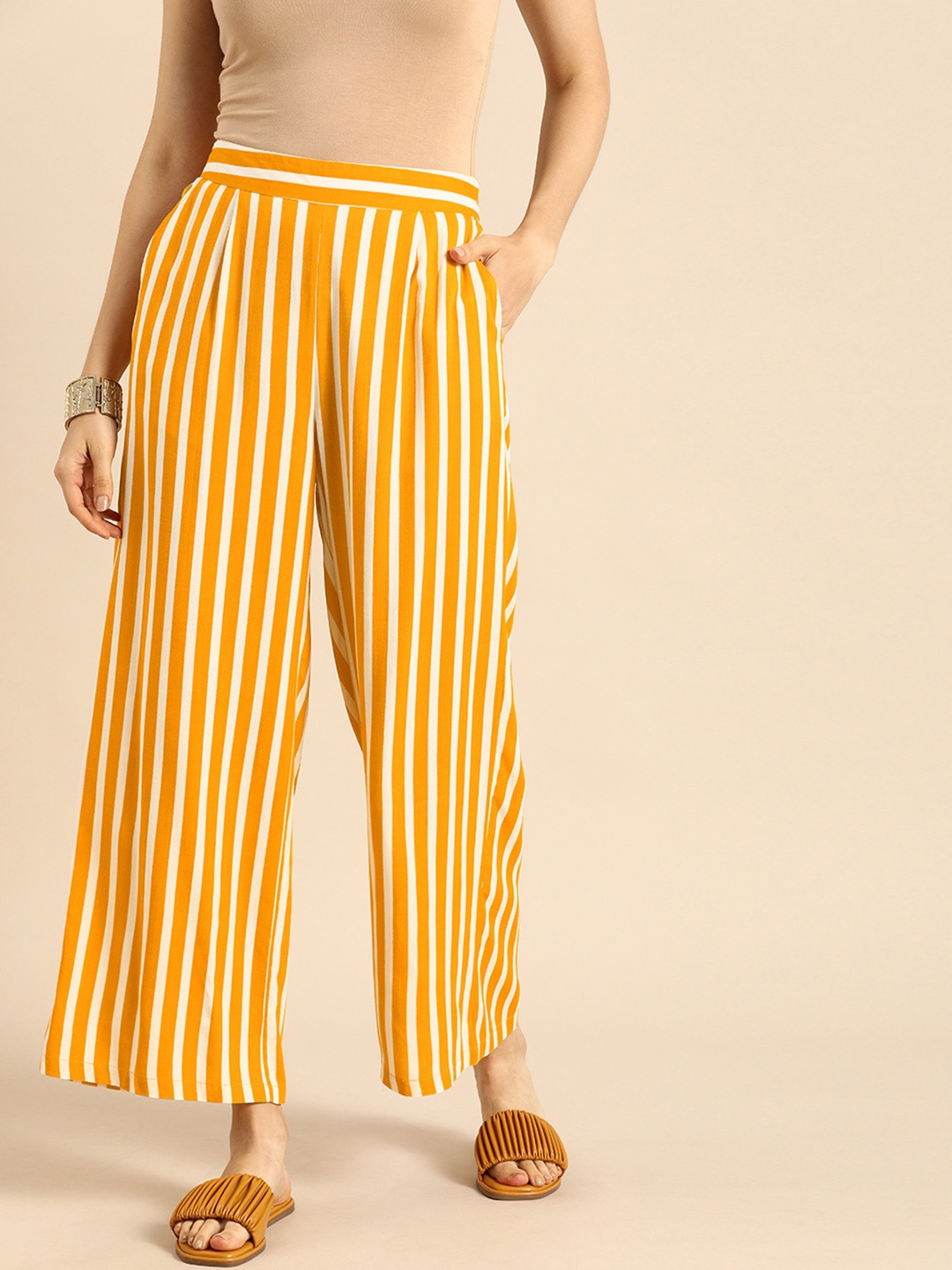 

Anouk Women Yellow & White Striped Wide Leg Palazzos