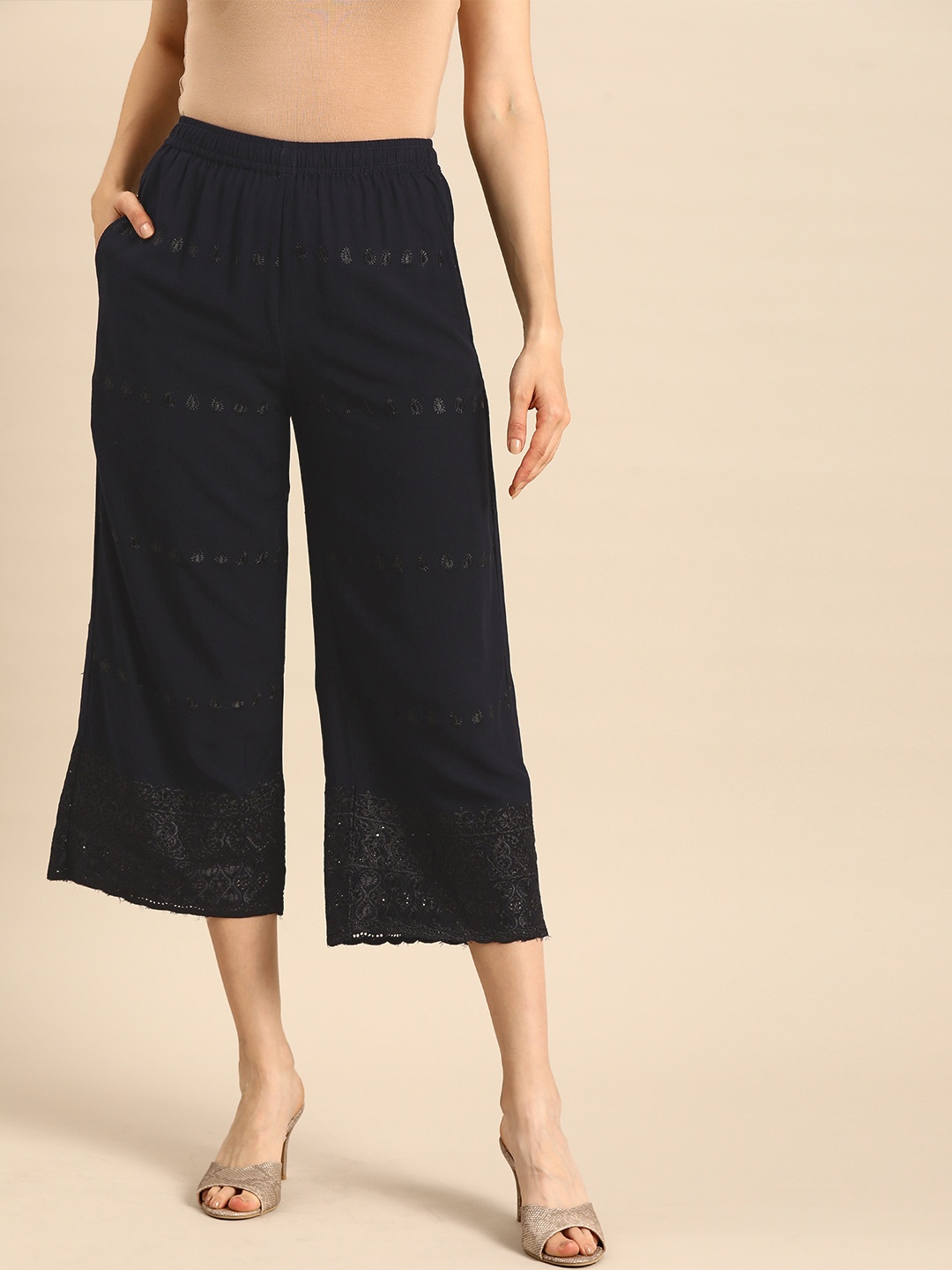 

Anouk Women Navy Blue Ethnic Motifs Hem Design Straight Leg Cropped Palazzos