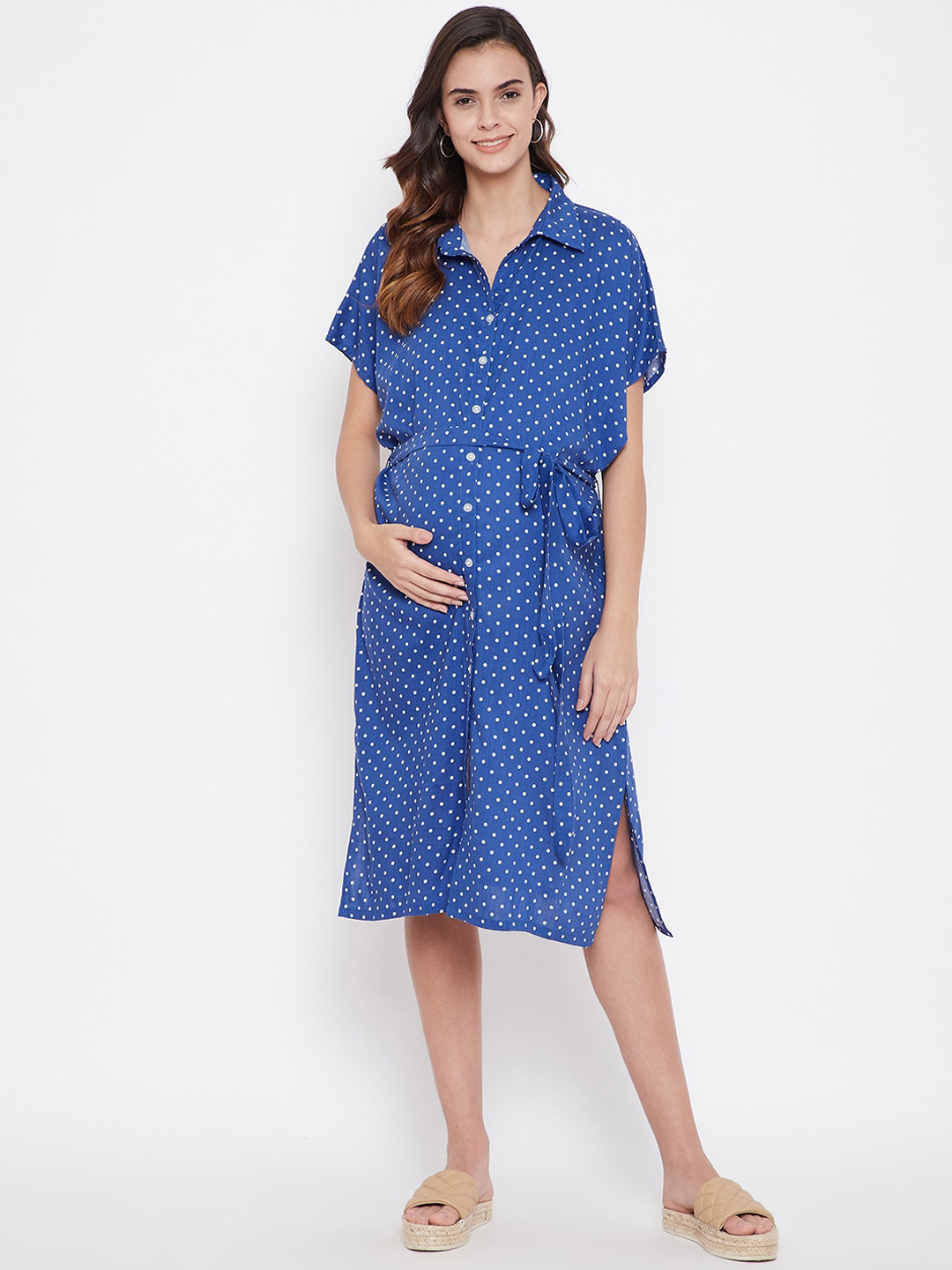 

The Kaftan Company Women Blue & White Polka Dot Printed Belted Maternity Dress