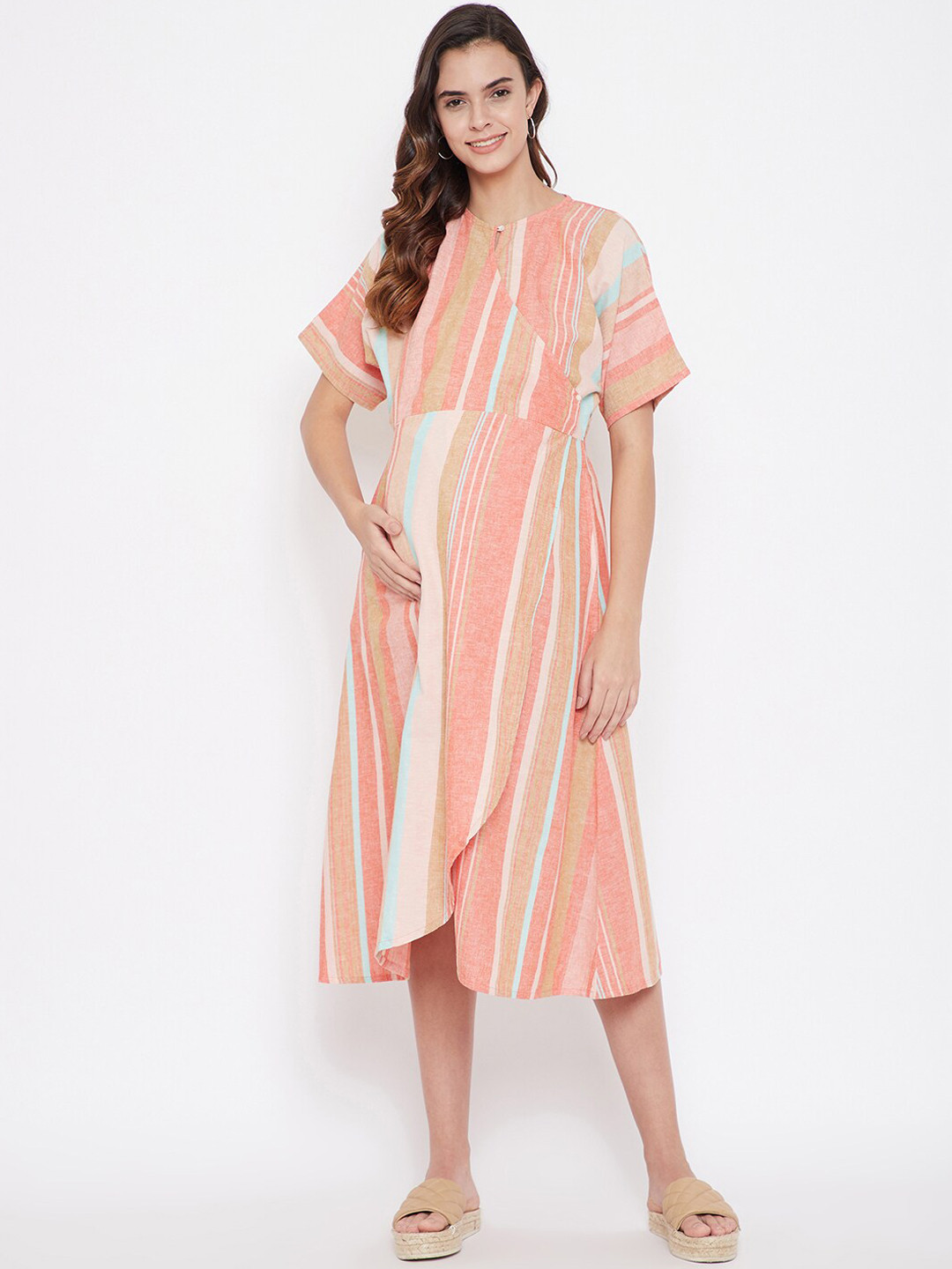 

The Kaftan Company Women Multicoloured Maternity Striped Linen Midi Dress, Multi