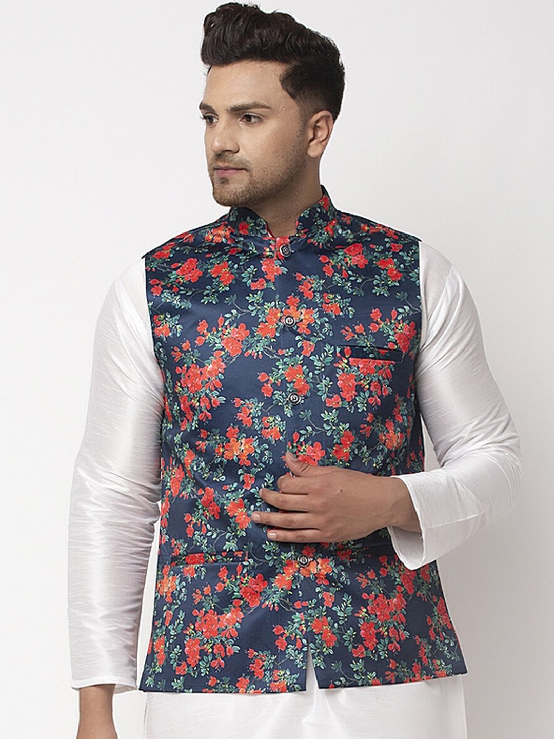 

Benstoke Men Navy Blue & Orange Floral Printed Woven Nehru Jacket