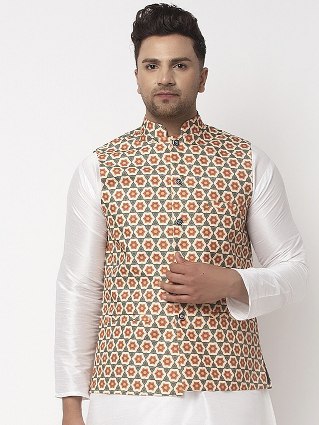 

Benstoke Men Beige & Green Printed Woven Nehru Jacket