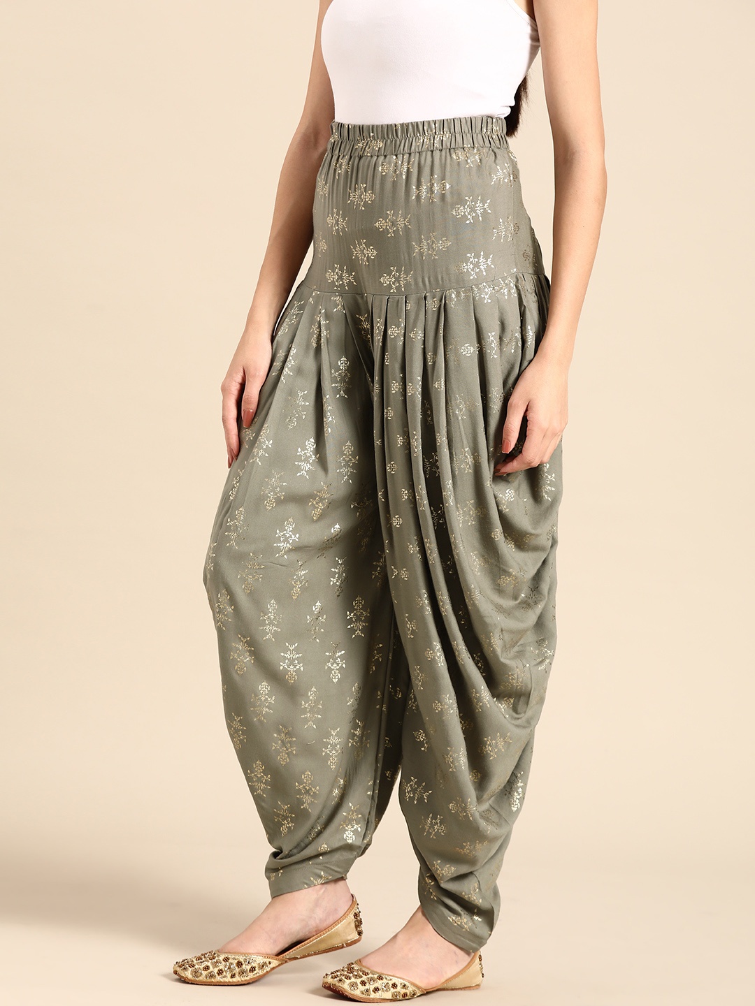 

Anouk Women Olive Green & Golden Ethnic Print Patiala