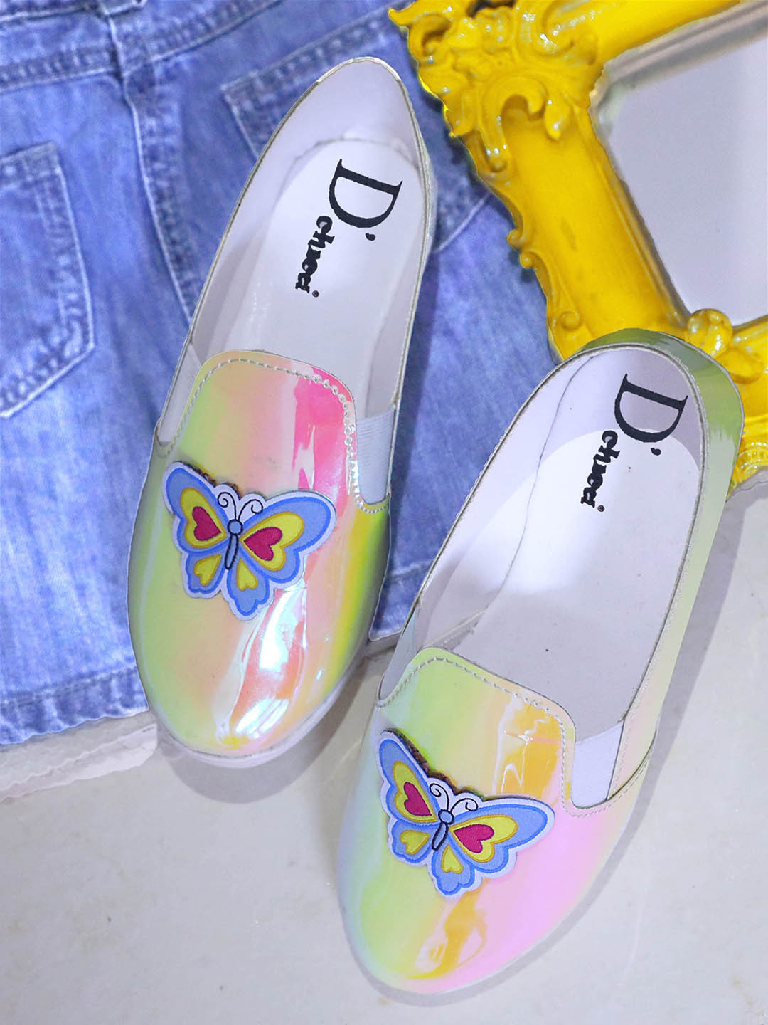 

DChica Girls Color Changing Rainbow Slip Ons with Butterfly Applique, Multi