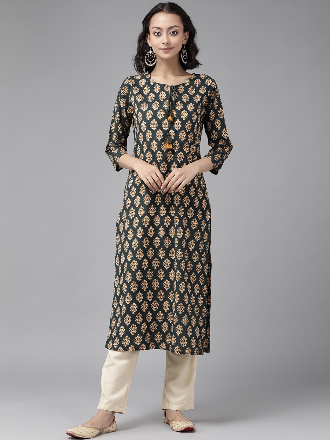 

Yufta Women Teal Green & Mustard Yellow Ethnic Printed Pure Cotton Kurta with Palazzos