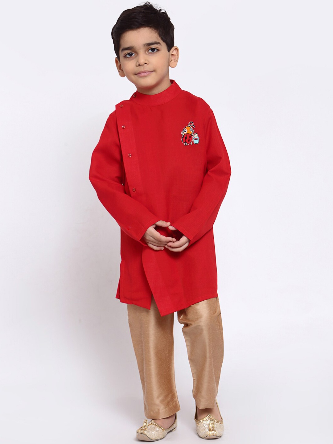 

MAXENCE Boys Red Angrakha Thread Work Linen Kurta with Pyjamas