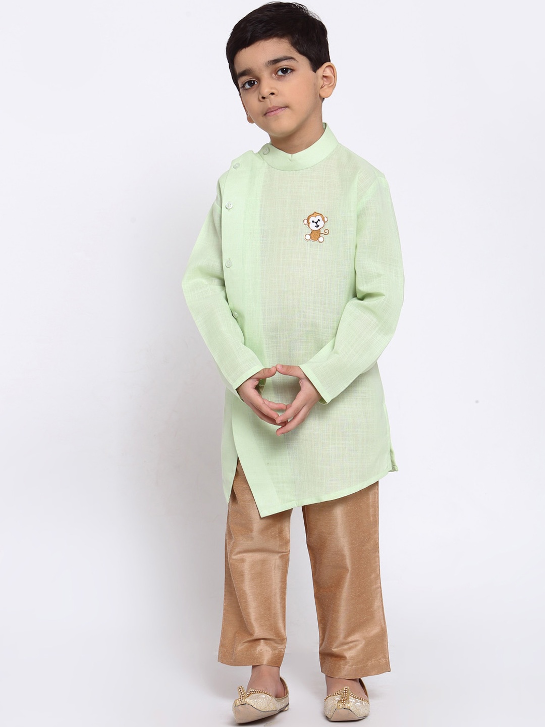 

MAXENCE Boys Green Angrakha Linen Kurta with Trousers