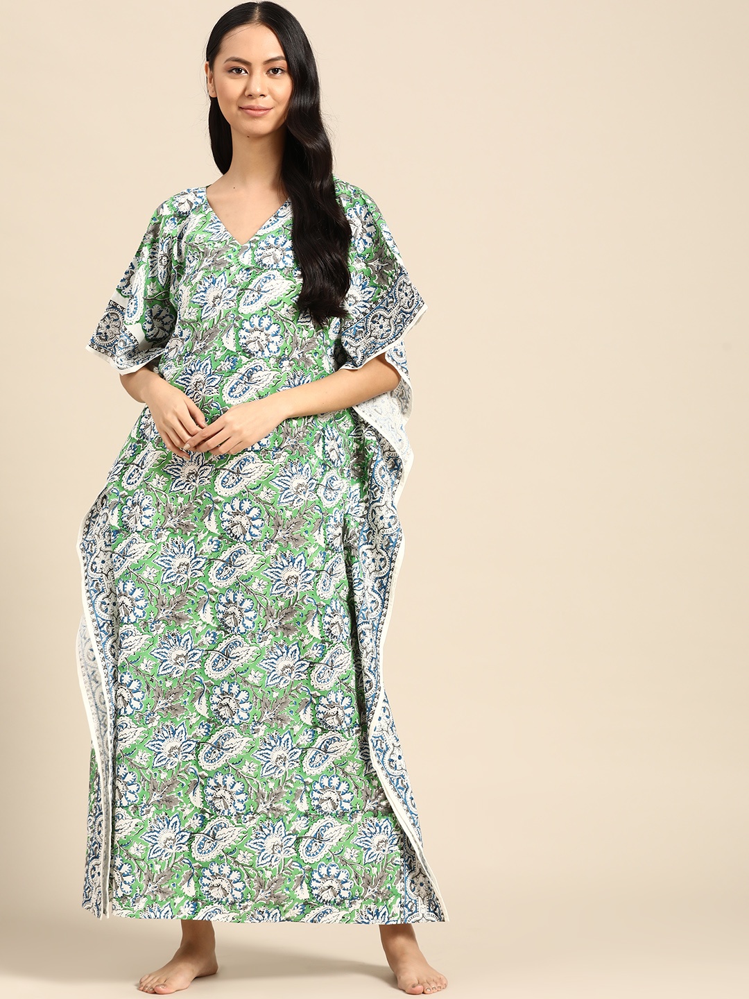 

Prakrti Green & White Pure Cotton Printed Maxi Kaftan Nightdress