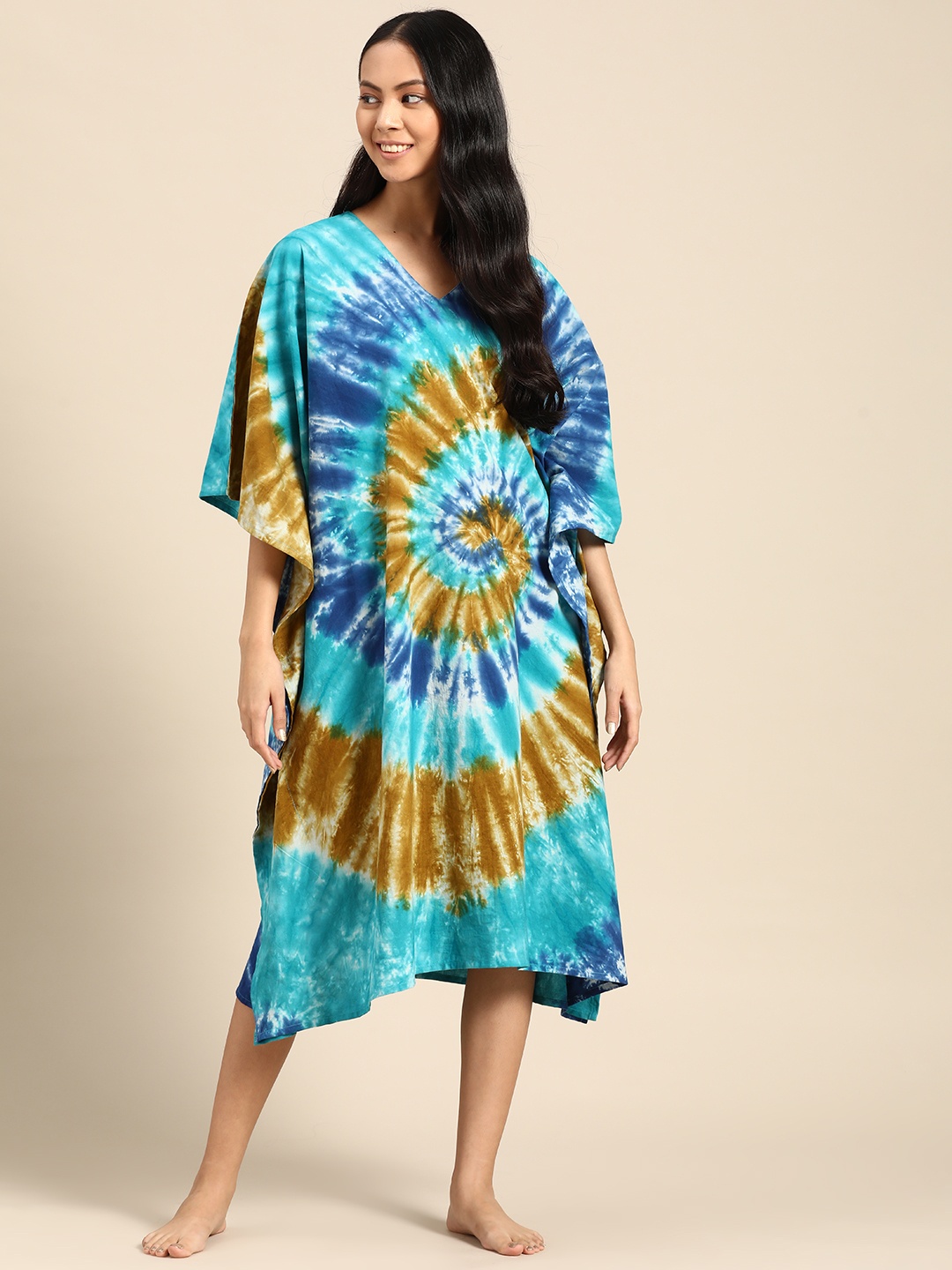 

Prakrti Women Blue & Olive Green Hand Tie & Dye Print Pure Cotton Kaftan Nightdress