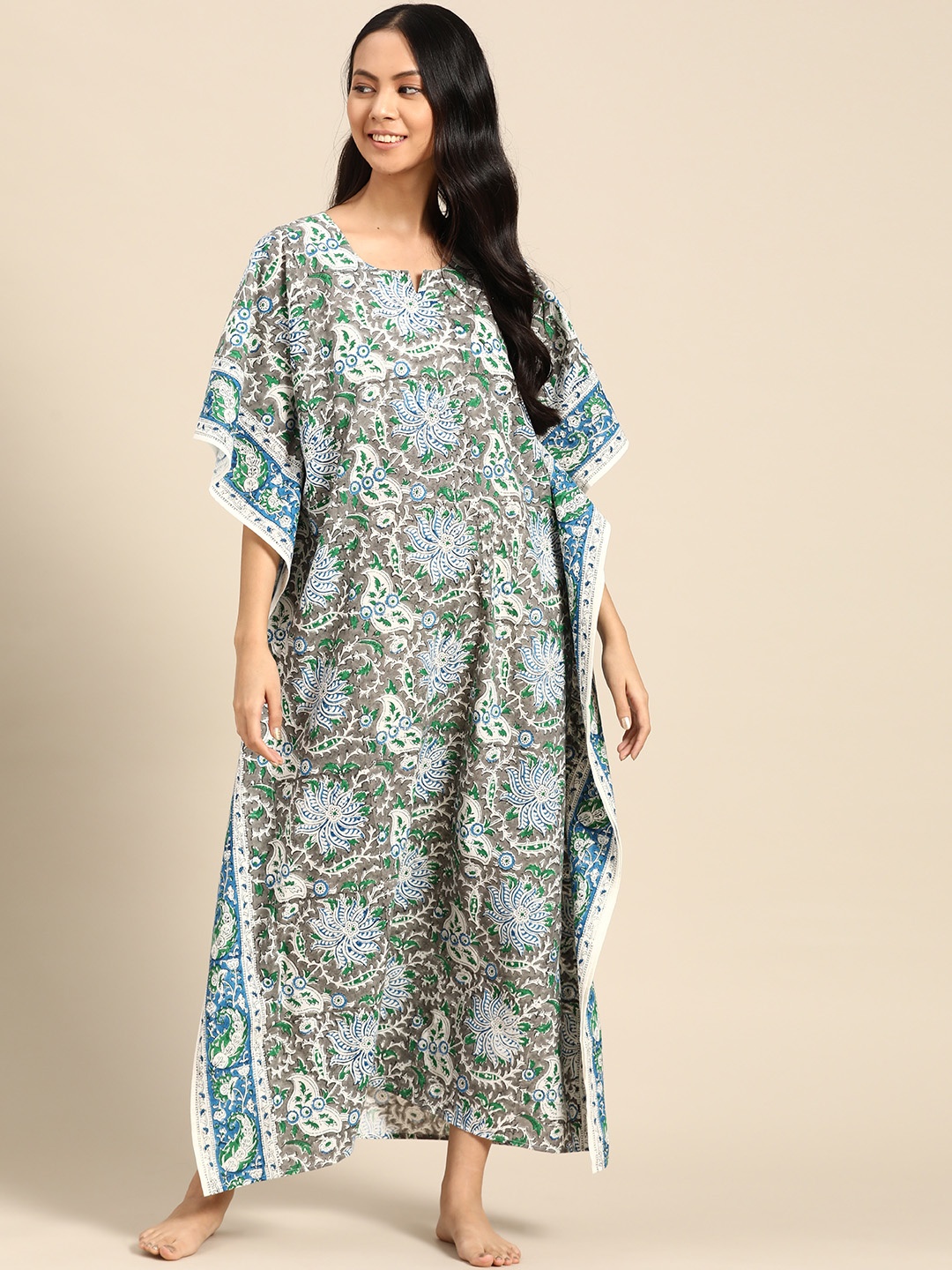 

Prakrti Grey & Green Pure Cotton Printed Maxi Kaftan Nightdress