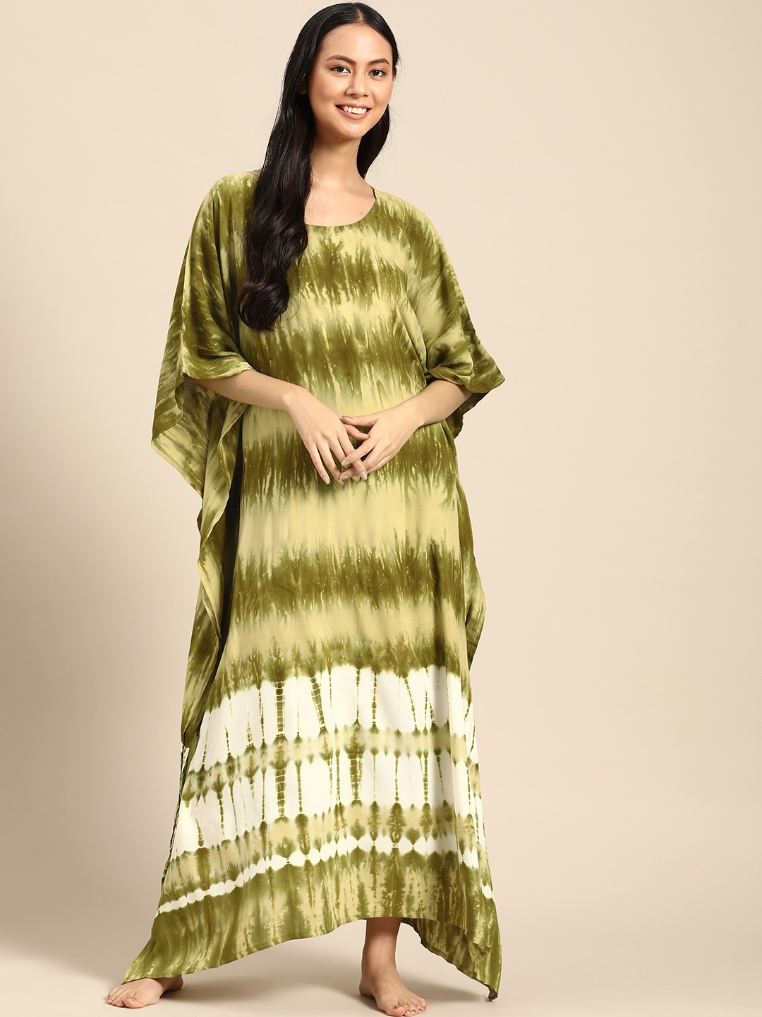 

Prakrti Women Olive Green & Off-White Hand Tie & Dye Kaftan Nightdress