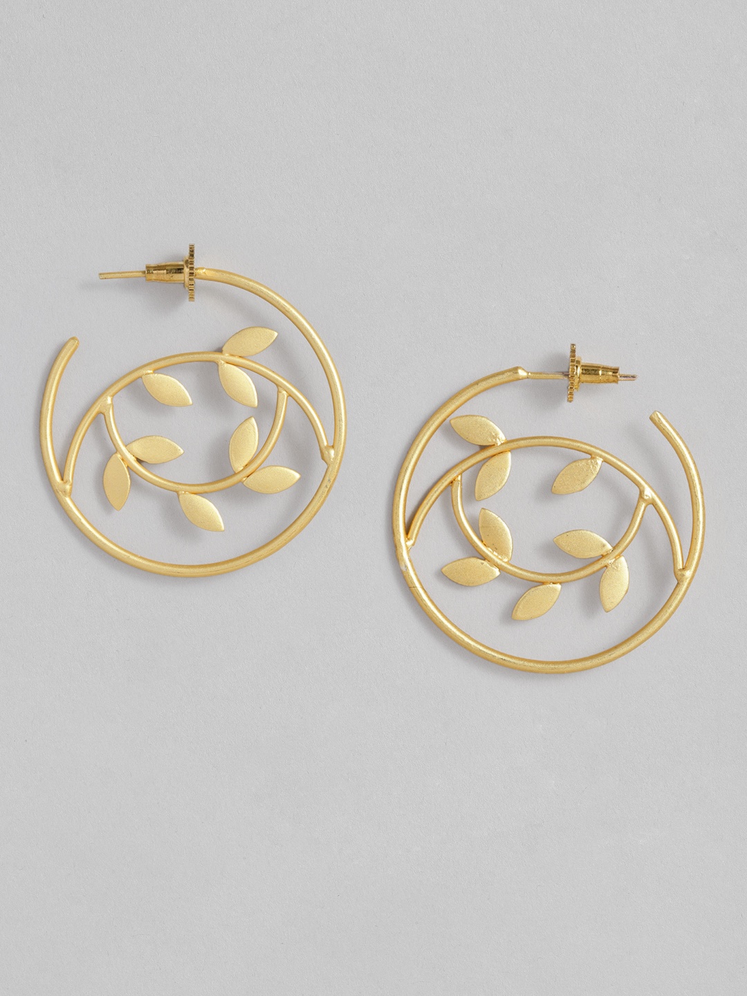 

MIDASKART Rhodium Plated & Gold-Toned Handcrafted Leaf Shaped Hoop Earrings