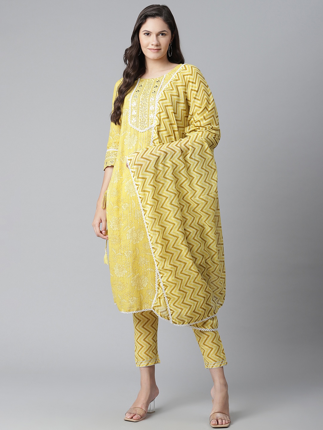 

Yuris Women Yellow & Off White Printed Mirror Work Cotton Kurta with Trousers & Dupatta