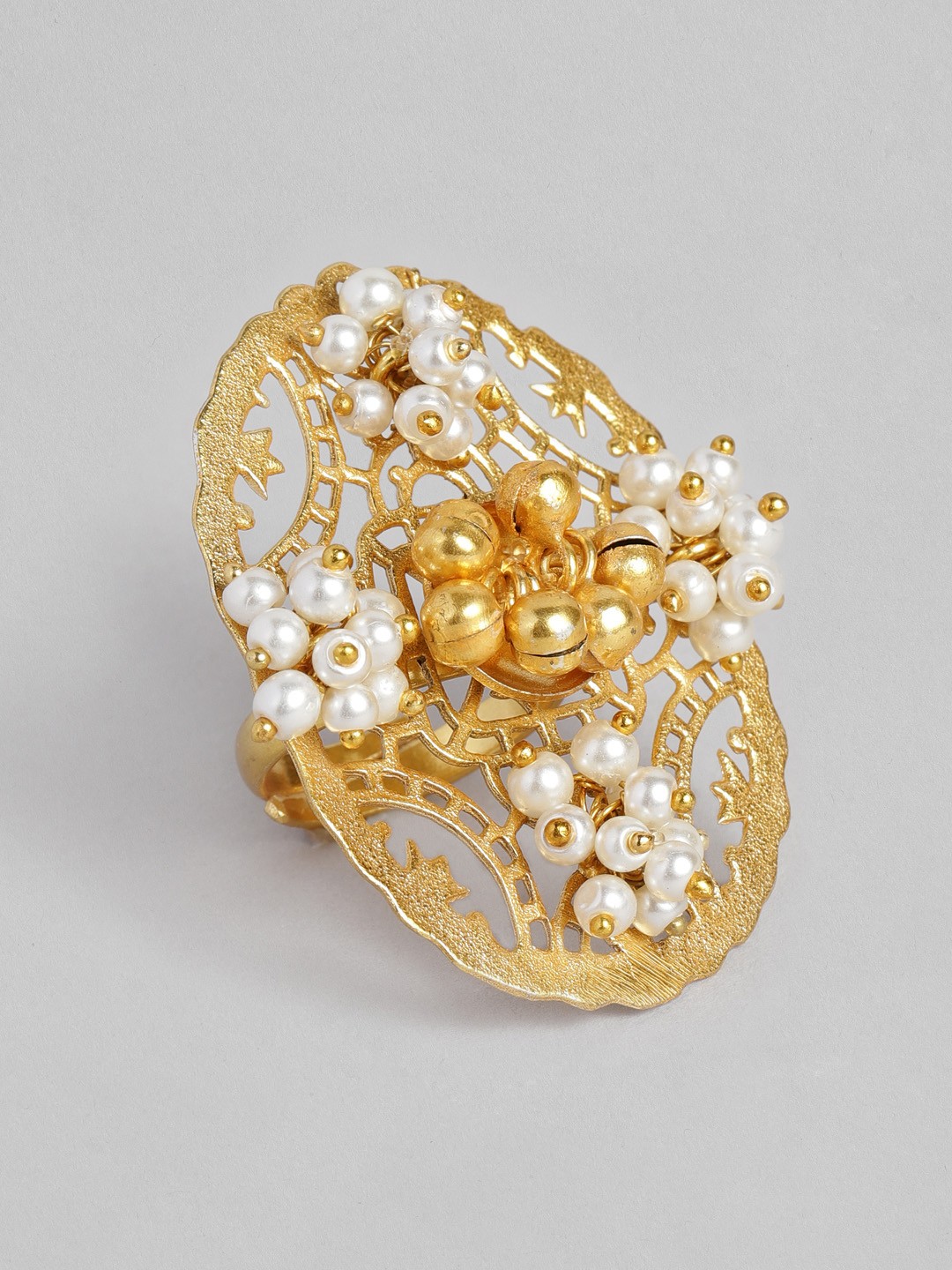

MIDASKART Rhodium-Plated & Gold-Toned Pearl Studded Adjustable Finger Ring