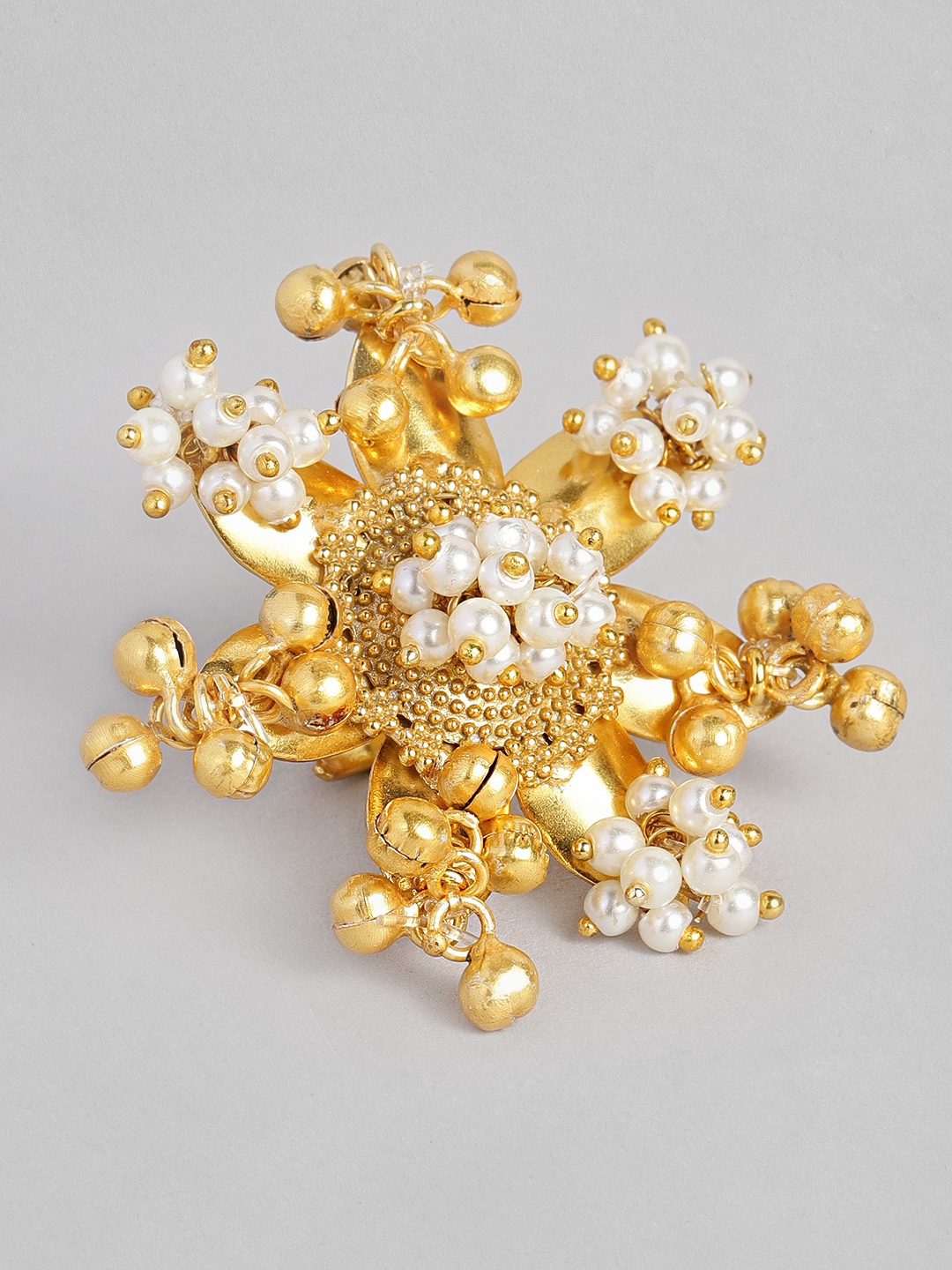 

MIDASKART Rhodium-Plated & Gold-Toned Pearl Studded Adjustable Finger Ring