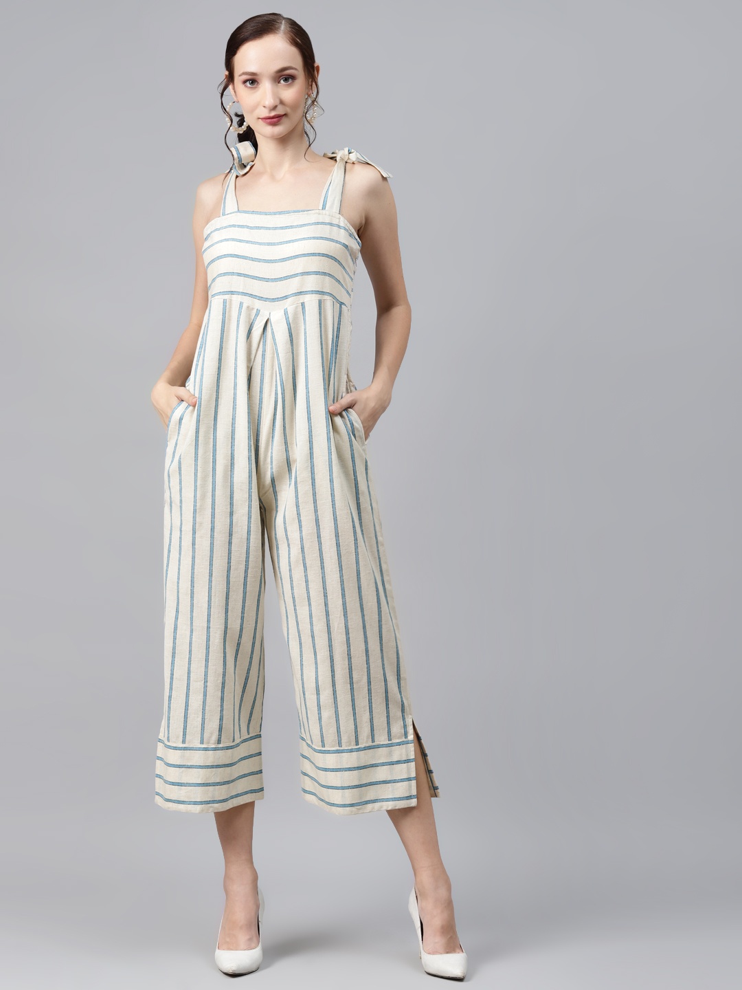 

Cottinfab Off White & Blue Striped Cotton Pleated Culotte Jumpsuit