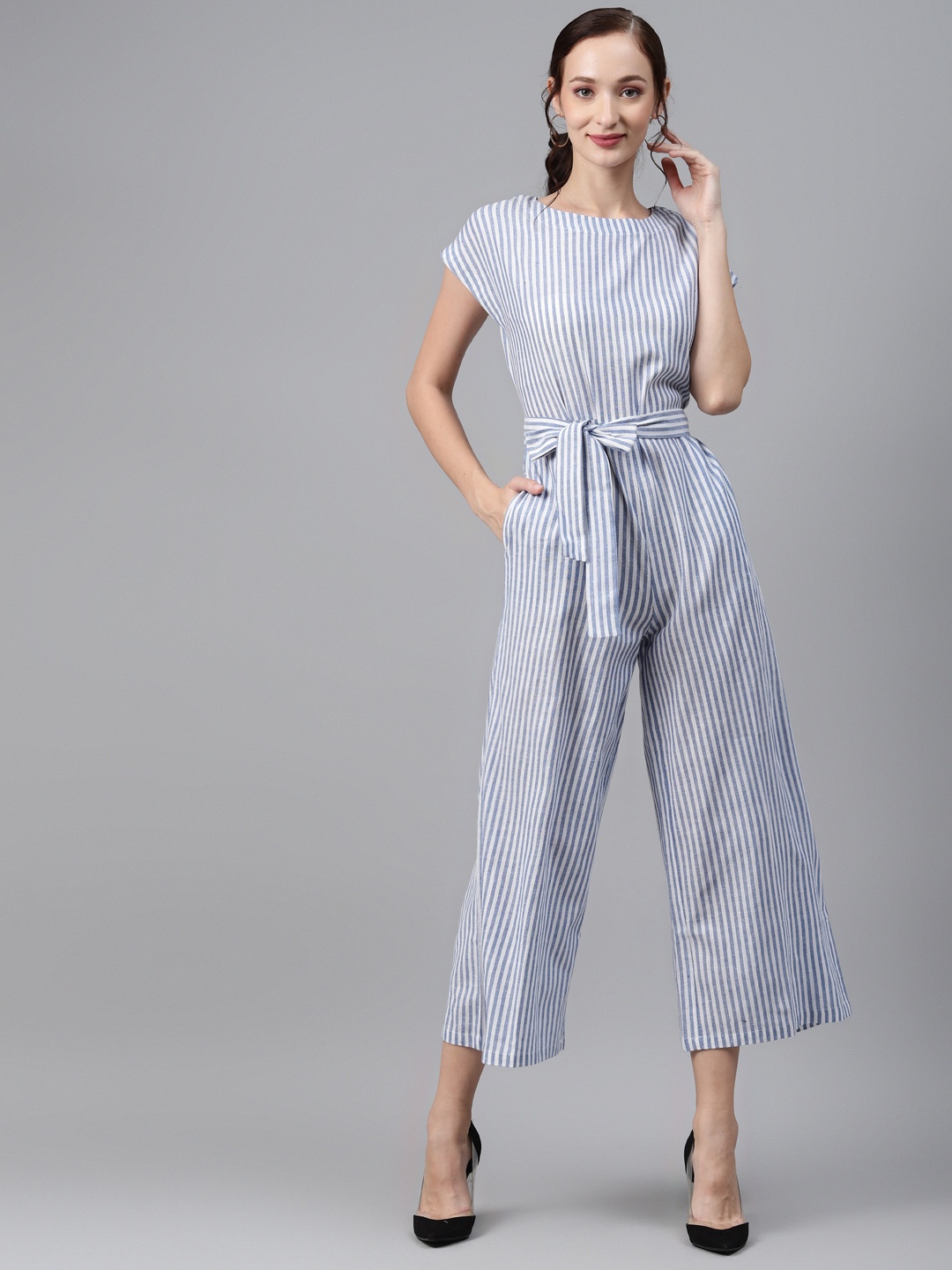 

Cottinfab Blue & White Striped Cotton Culotte Jumpsuit with Belt