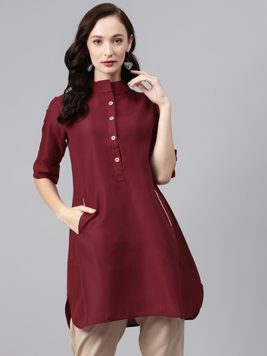 

Cottinfab Women Maroon Solid Pure Cotton A-Line Kurta