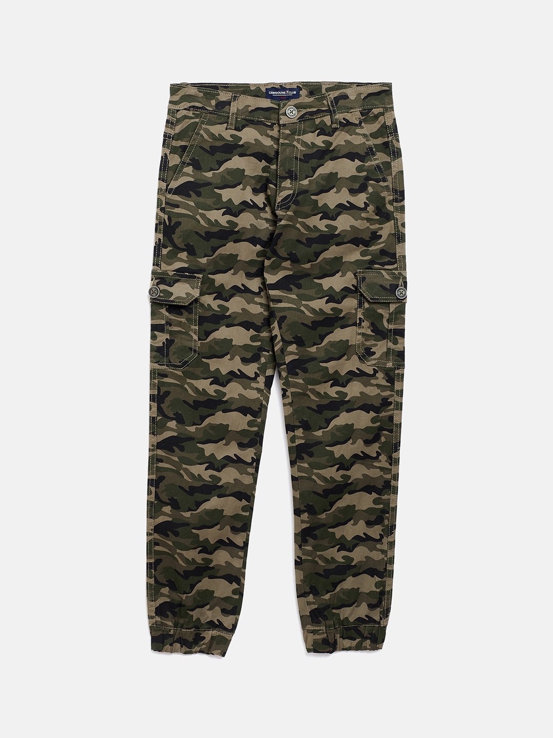 

Crimsoune Club Boys Olive Green Camouflage Printed Slim Fit Joggers