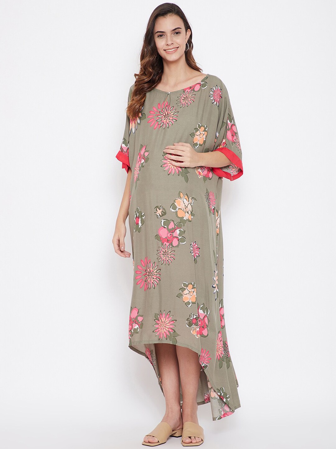 

The Kaftan Company Women Green & Pink Floral Printed Belted Maternity Maxi Dress