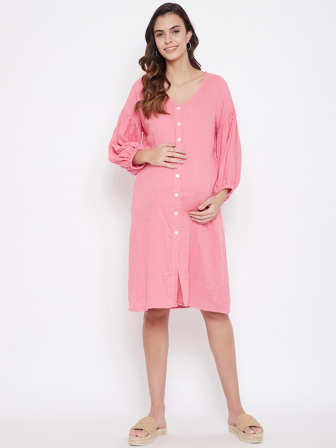 

The Kaftan Company Women Pink Cotton Maternity A-Line Dress
