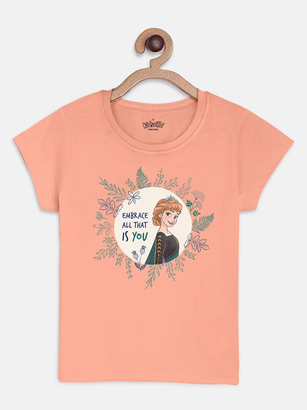 

Kids Ville Girls Peach-Coloured Frozen Feature Printed Pure Cotton T-shirt