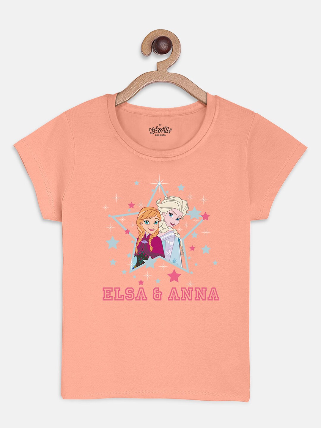 

Kids Ville Girls Peach-Coloured Frozen Printed T-shirt