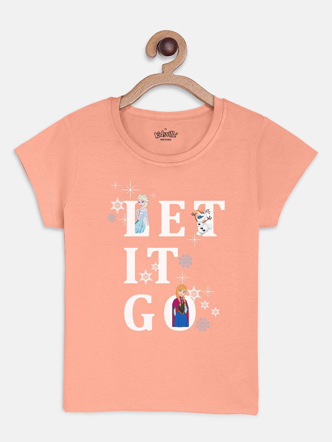 

Kids Ville Girls Peach-Coloured White Frozen Printed Pure Cotton T-shirt