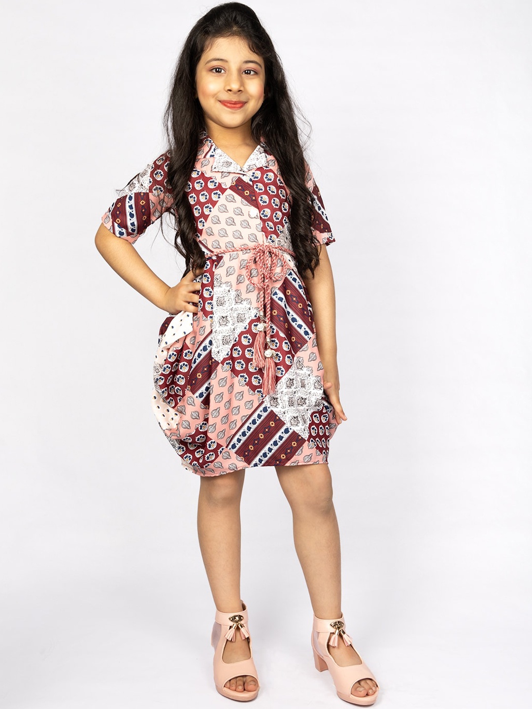 

Peppermint Girls Coffee Brown & Maroon Printed Cotton Dress