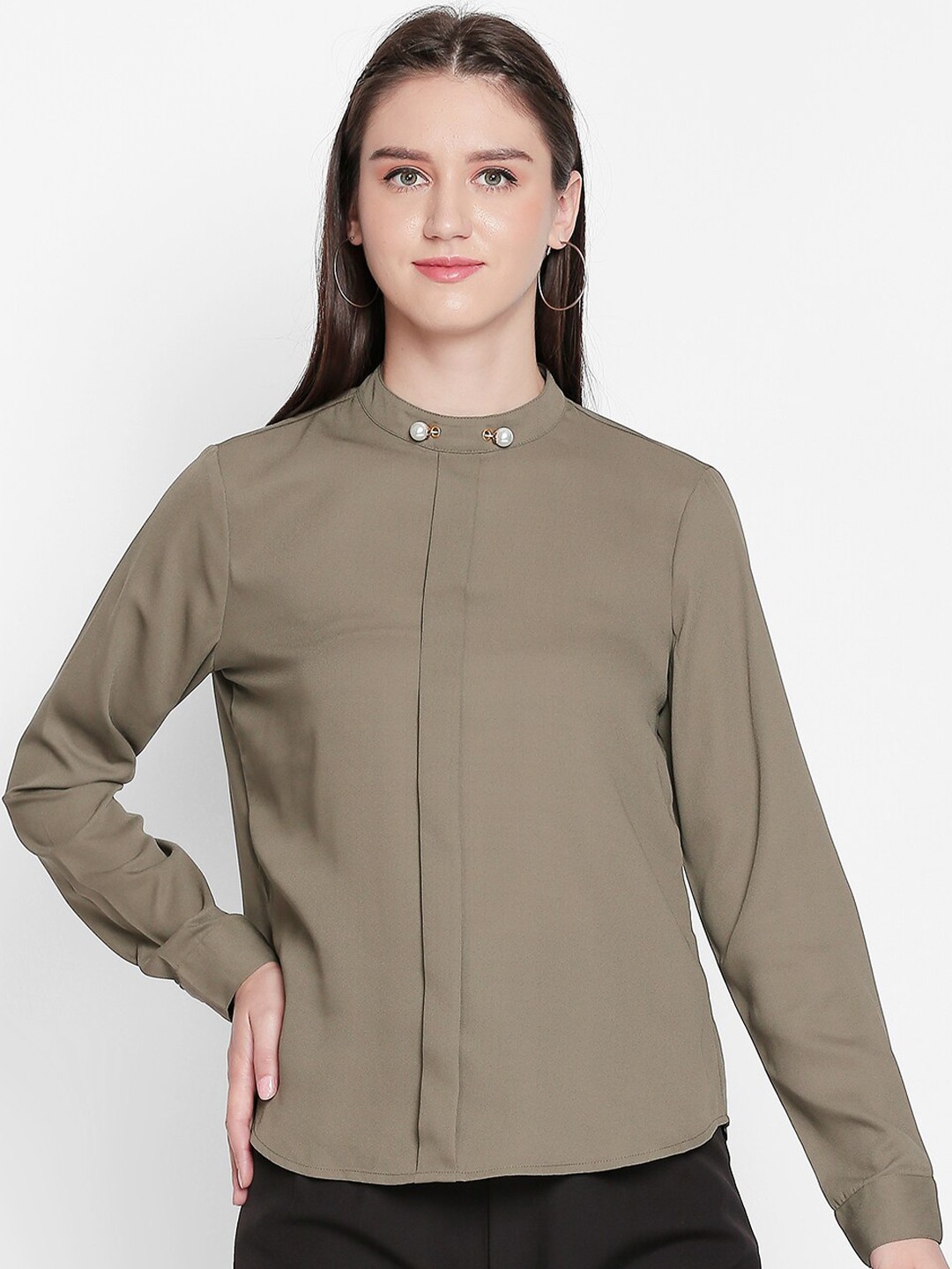 

Annabelle by Pantaloons Women Olive Green Mandarin Collar Regular Top