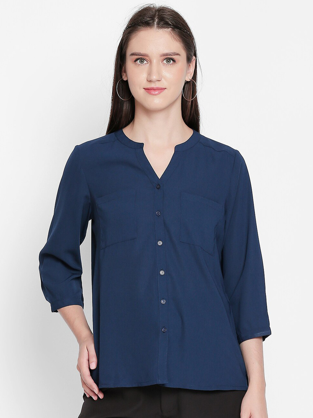 

Annabelle by Pantaloons Women Navy Blue Mandarin Collar Regular Top