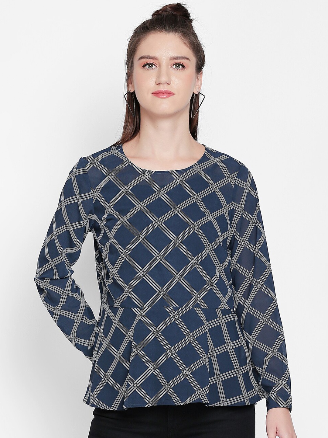 

Annabelle by Pantaloons Navy Blue Checked Peplum Top