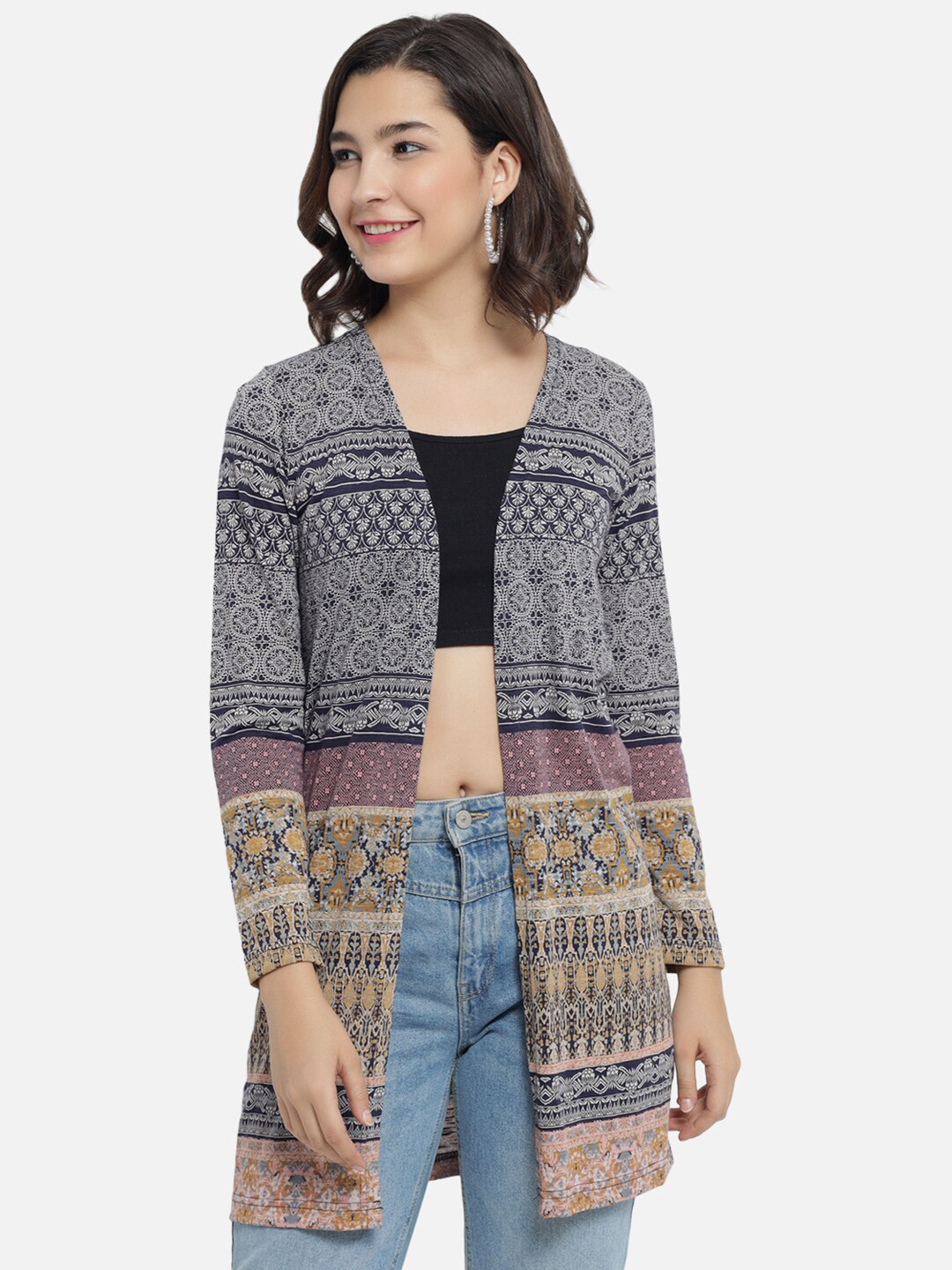 

Trend Arrest Women Grey & Pink Printed Open-Front Shrug