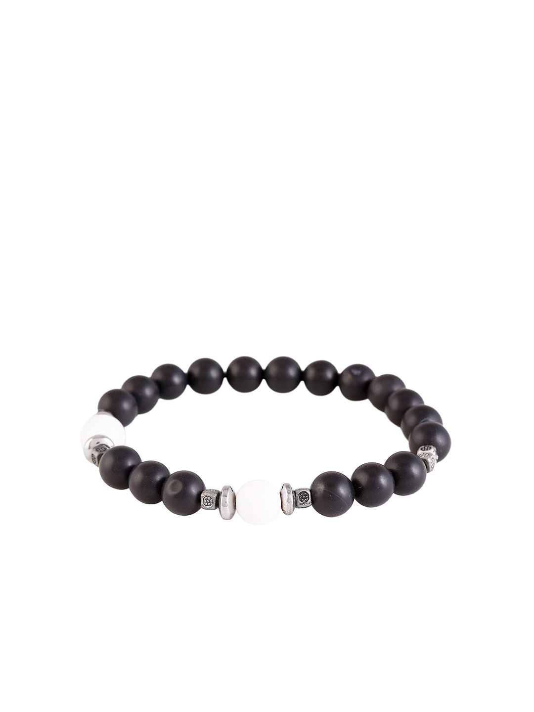 

Tistabene Men Silver-Toned & Black Stones Adjustable Elasticated Bracelet
