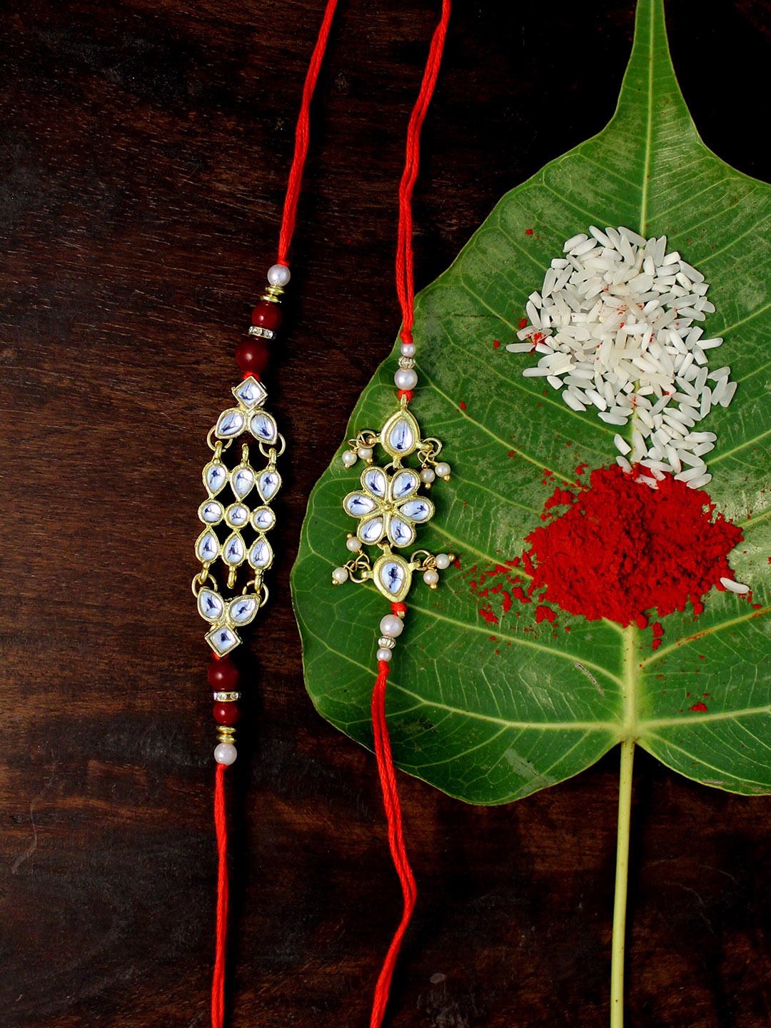 

KARATCART Mens Gold & Red Set of 2 Kundan Rakhi
