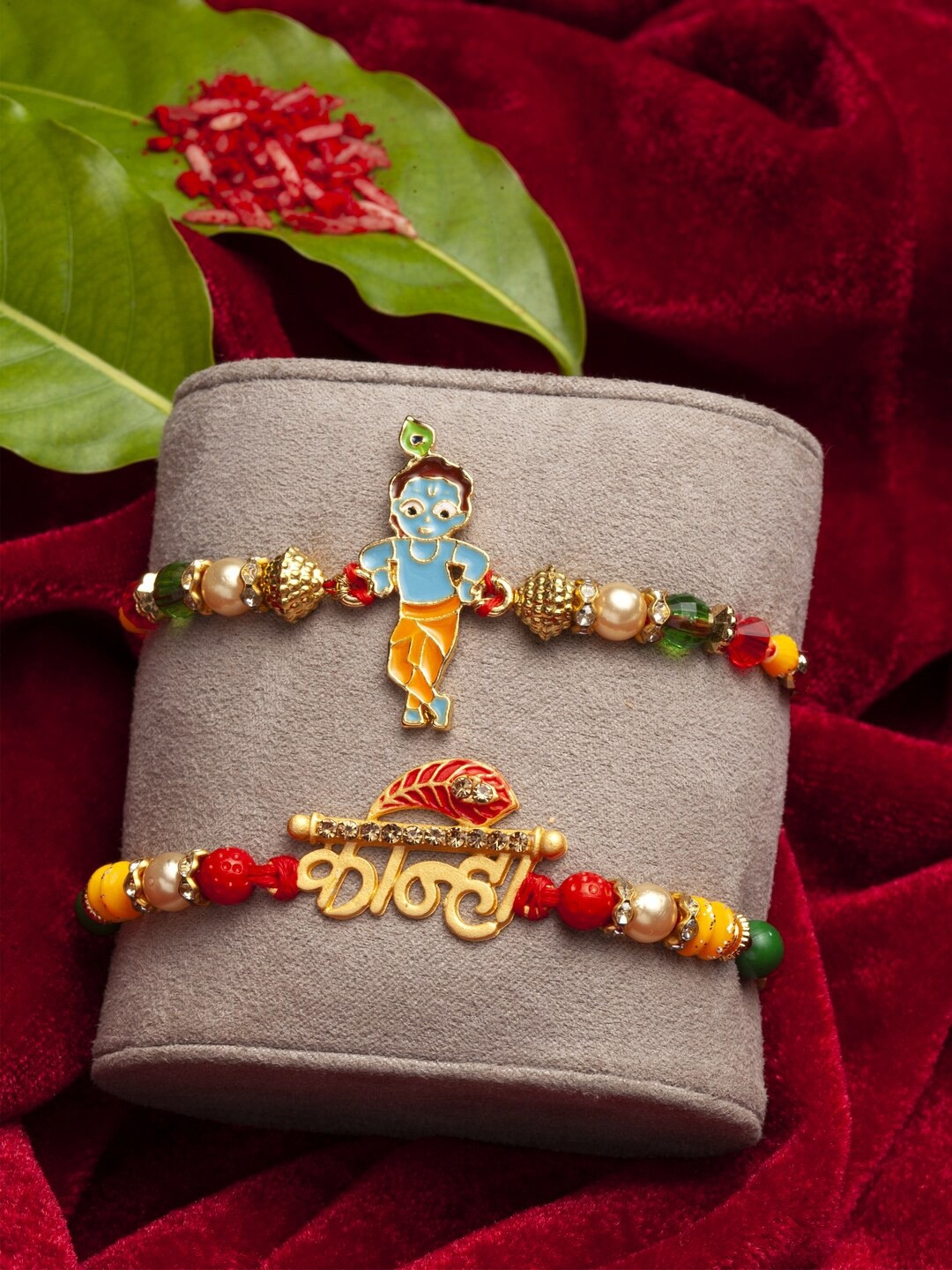

PANASH Set Of 2 Gold-Toned & Blue Shri Krishna Designer Rakhi