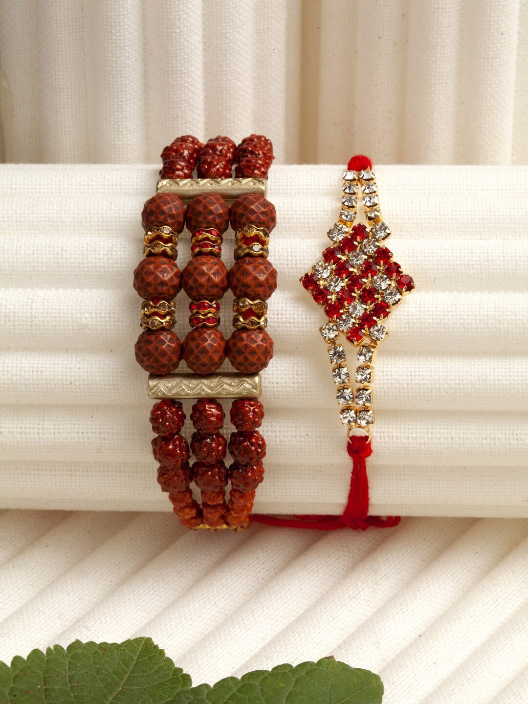 

PANASH Set Of 2 Traditional Rudraksha & Swastic Rakhis, Red