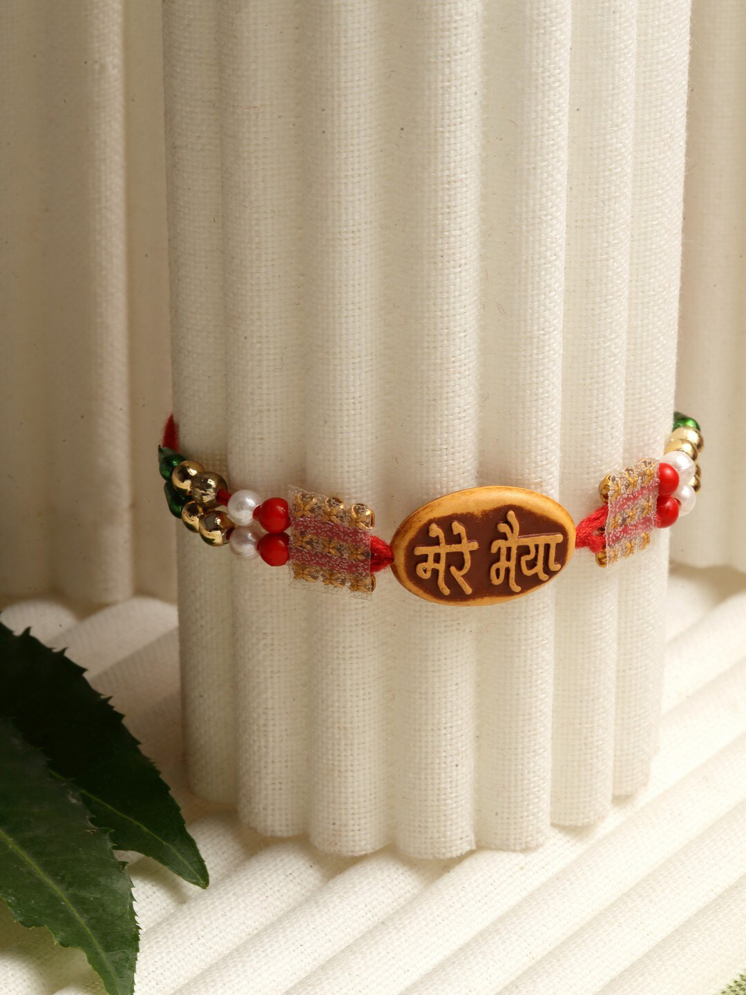 

PANASH Gold-Toned Red Stone-Studded Beaded Rakhi