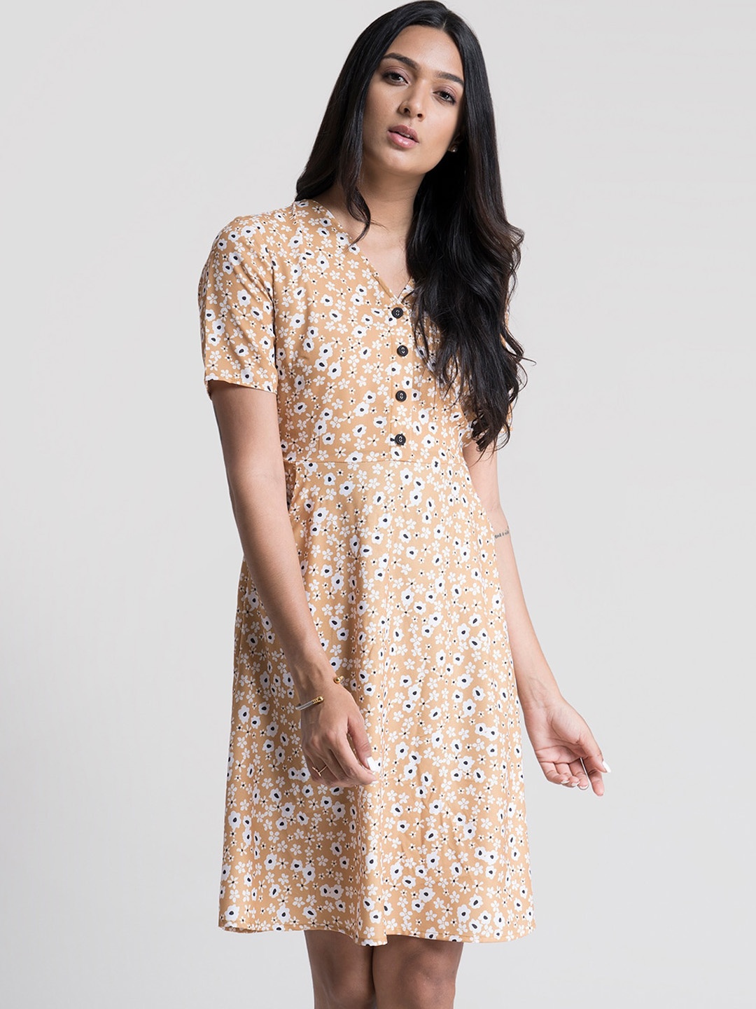 

FableStreet Mustard Yellow & White Floral Printed A-Line Dress